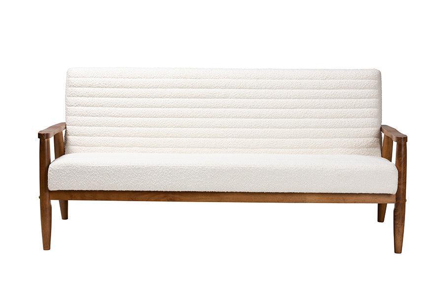 Stratton Mid-Century Modern Cream Boucle Fabric and Walnut Brown Finished Wood Sofa FredCo