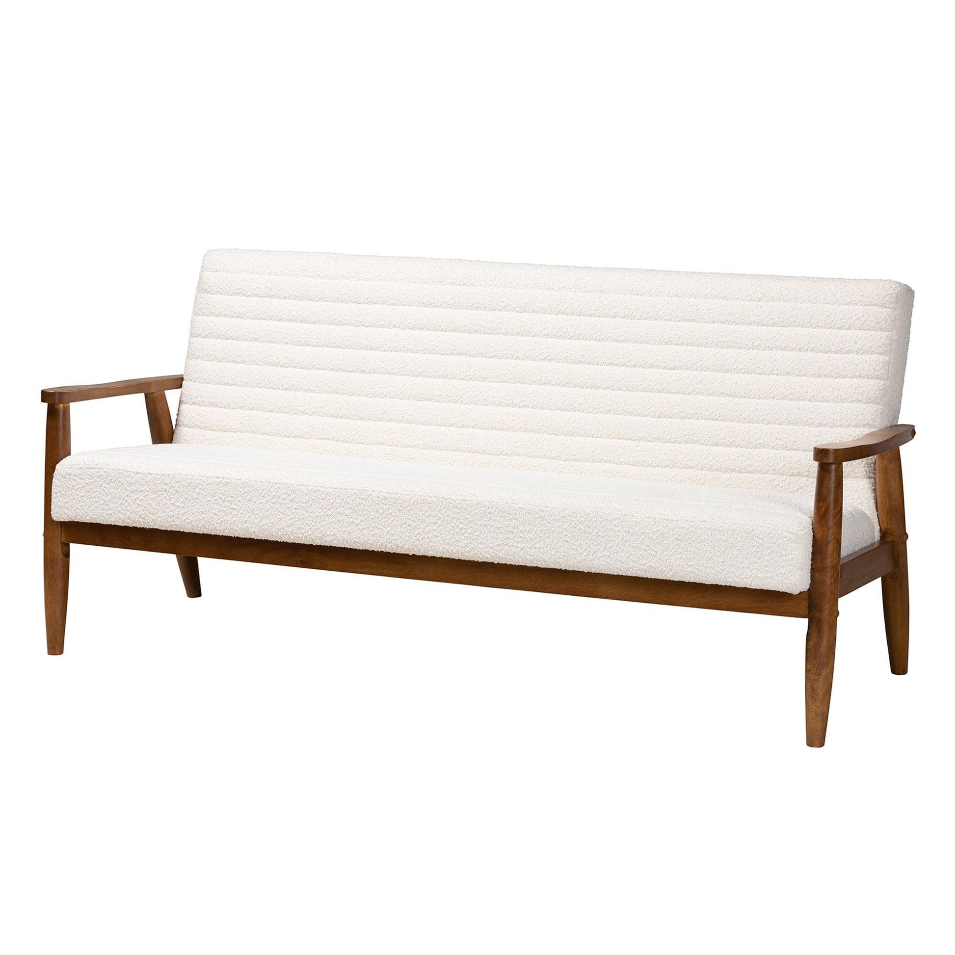 Stratton Mid-Century Modern Cream Boucle Fabric and Walnut Brown Finished Wood Sofa FredCo
