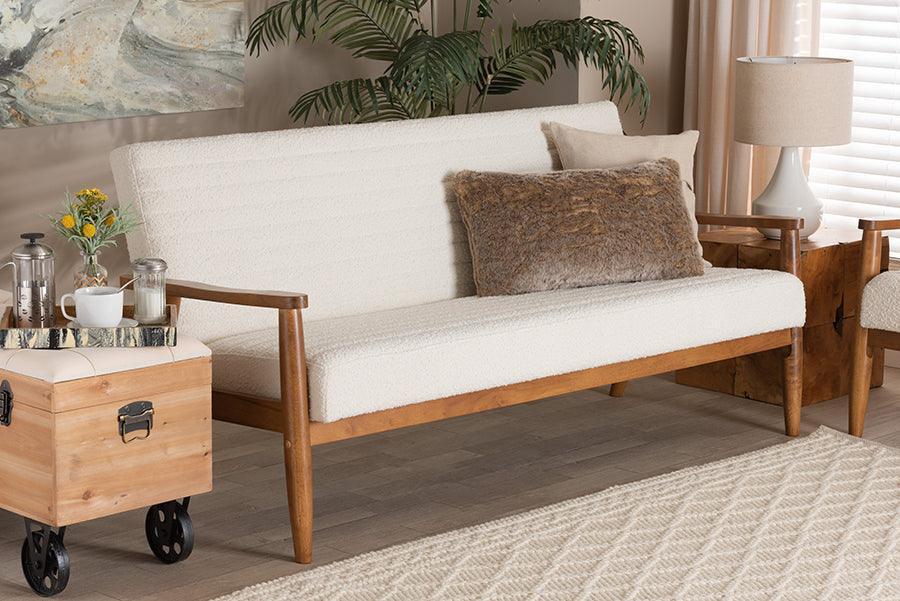 Stratton Mid-Century Modern Cream Boucle Fabric and Walnut Brown Finished Wood Sofa FredCo