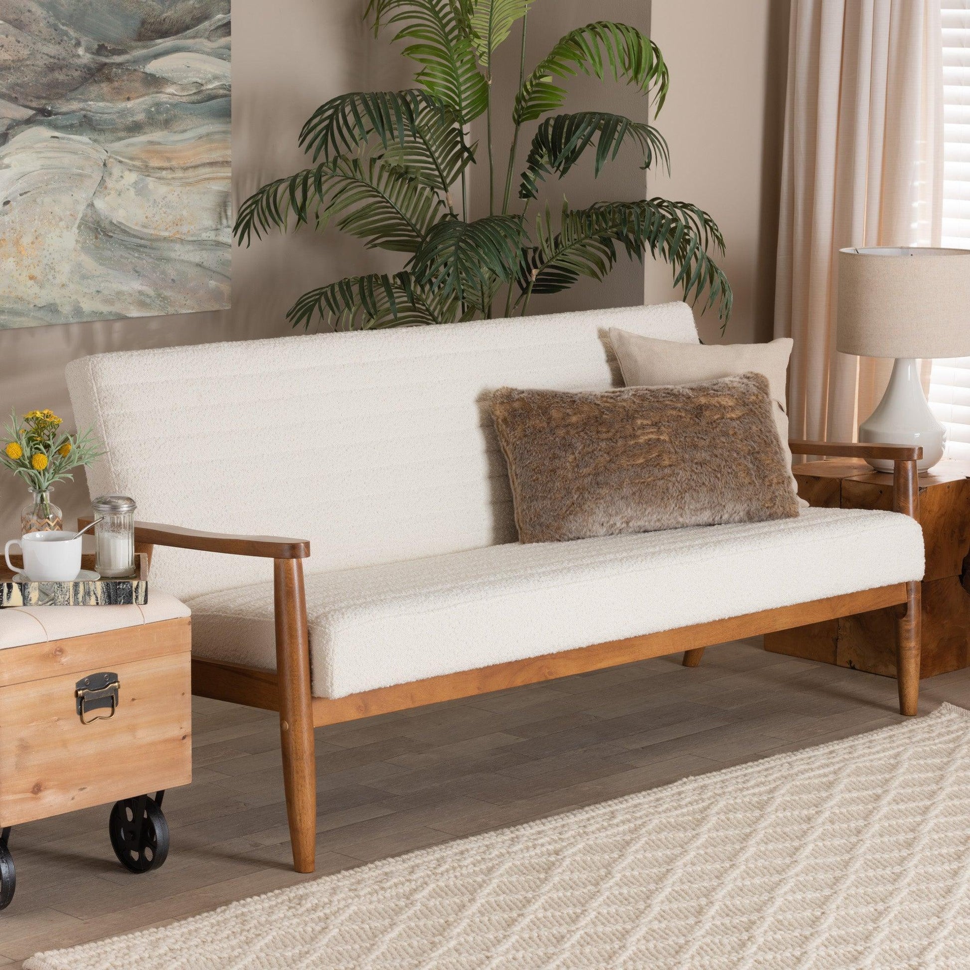 Stratton Mid-Century Modern Cream Boucle Fabric and Walnut Brown Finished Wood Sofa FredCo
