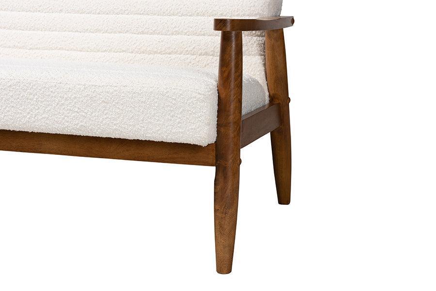 Stratton Mid-Century Modern Cream Boucle Fabric and Walnut Brown Finished Wood Sofa FredCo