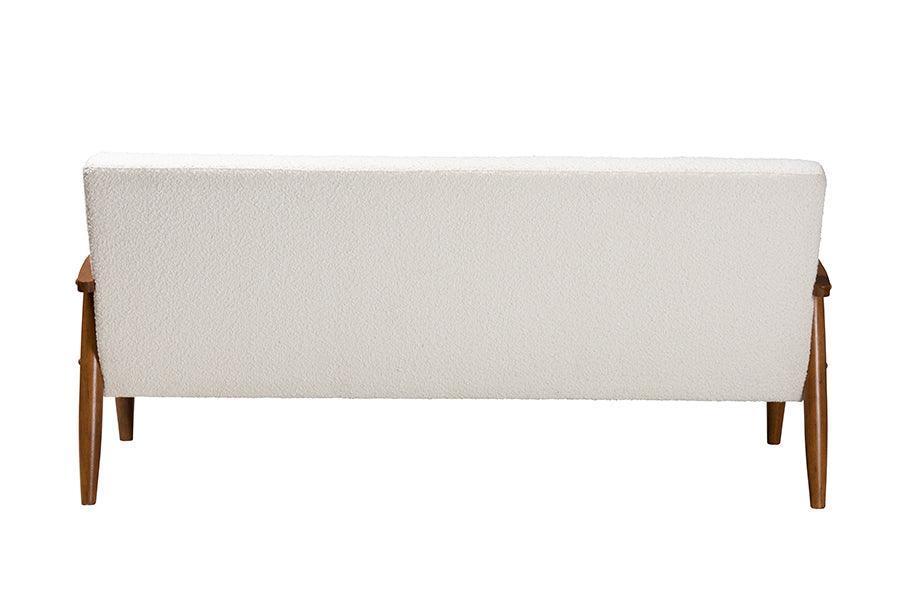Stratton Mid-Century Modern Cream Boucle Fabric and Walnut Brown Finished Wood Sofa FredCo