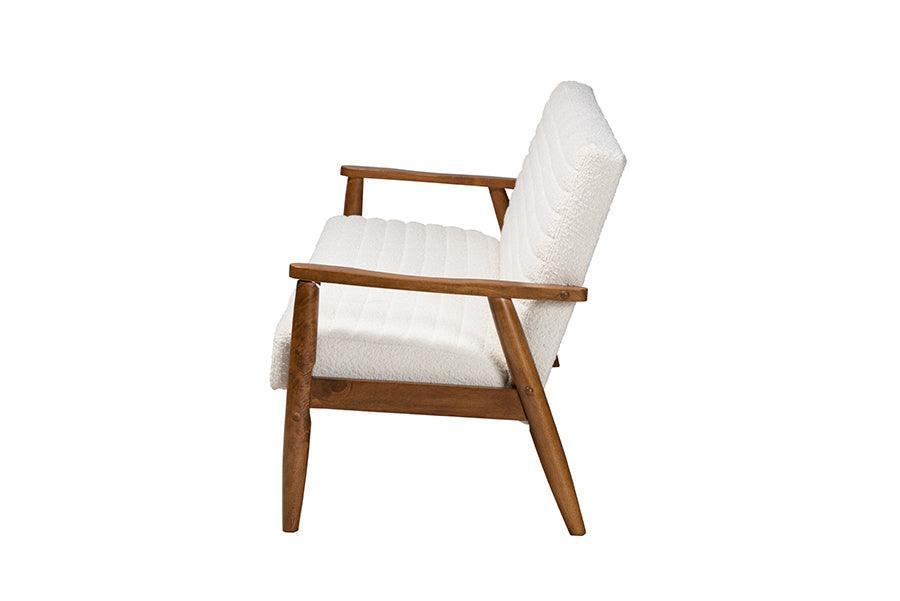 Stratton Mid-Century Modern Cream Boucle Fabric and Walnut Brown Finished Wood Sofa FredCo