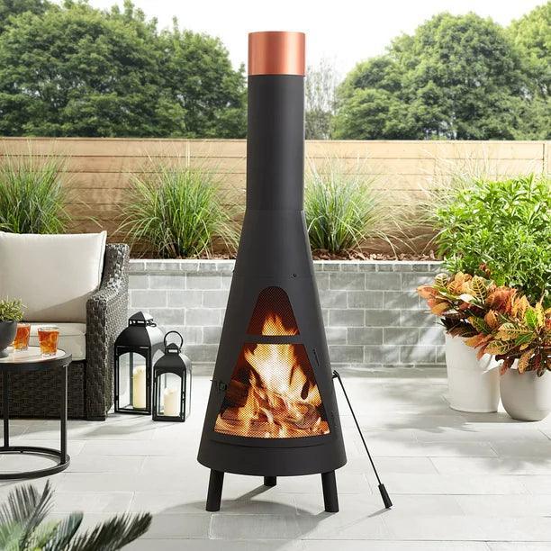 Stylish 67” Round Steel Chiminea with Powder-Coated Black Finish - Modern Design FredCo
