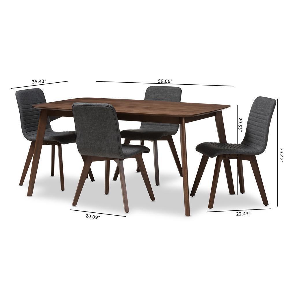Sugar Mid-Century Modern Dark Grey Fabric Upholstered Walnut Wood Finished 5-Piece Dining Set FredCo