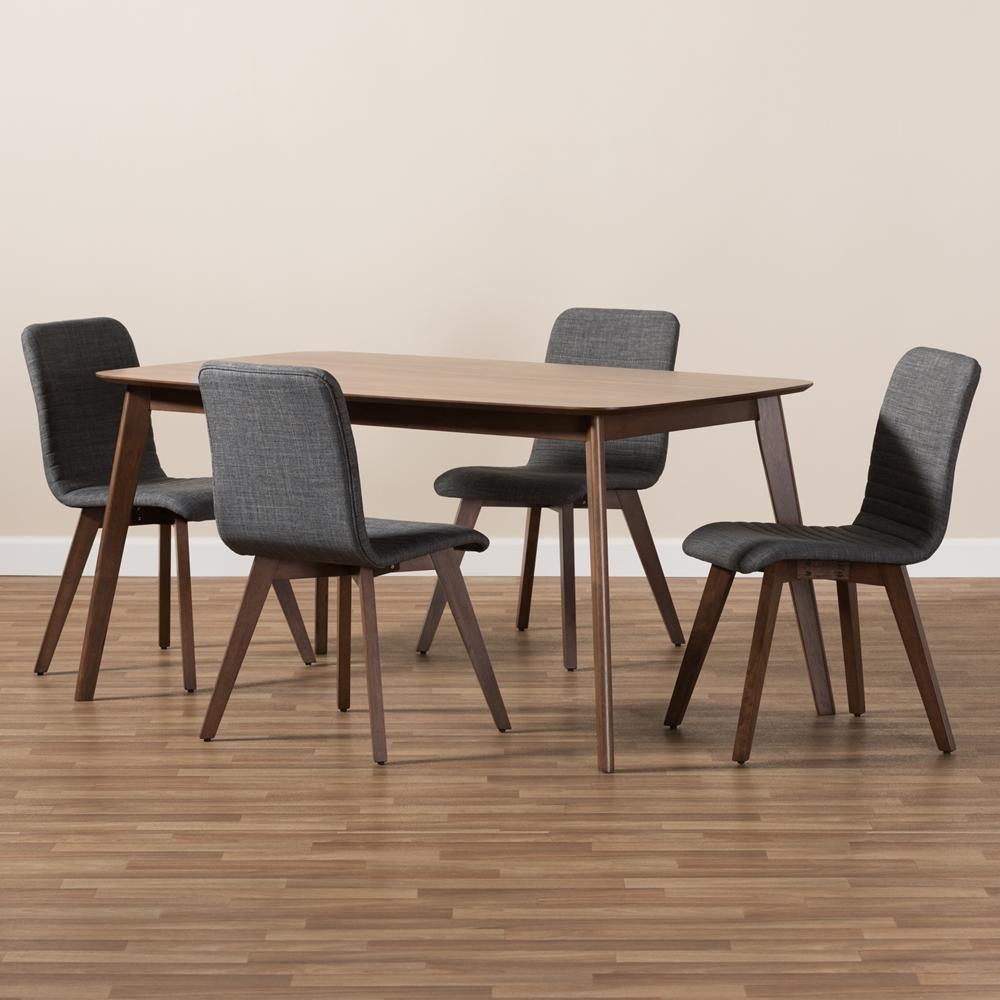 Sugar Mid-Century Modern Dark Grey Fabric Upholstered Walnut Wood Finished 5-Piece Dining Set FredCo