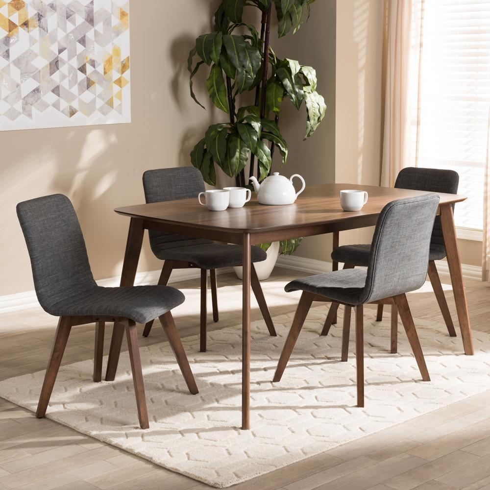 Sugar Mid-Century Modern Dark Grey Fabric Upholstered Walnut Wood Finished 5-Piece Dining Set FredCo