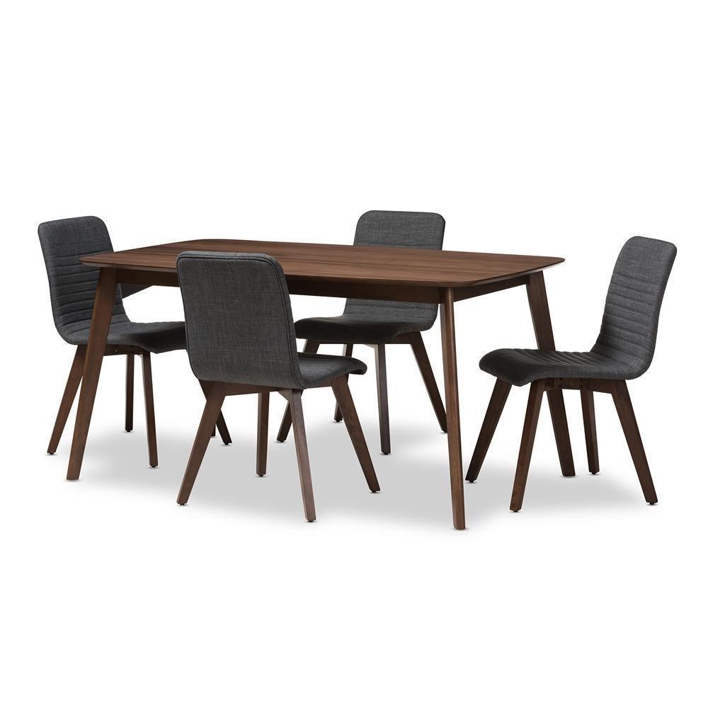 Sugar Mid-Century Modern Dark Grey Fabric Upholstered Walnut Wood Finished 5-Piece Dining Set FredCo