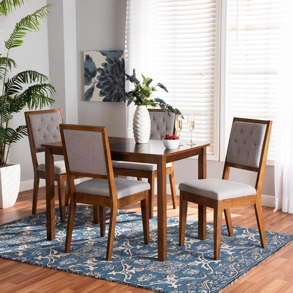 Suvi Modern and Contemporary Grey Fabric Upholstered and Walnut Brown Finished Wood 5-Piece Dining Set FredCo