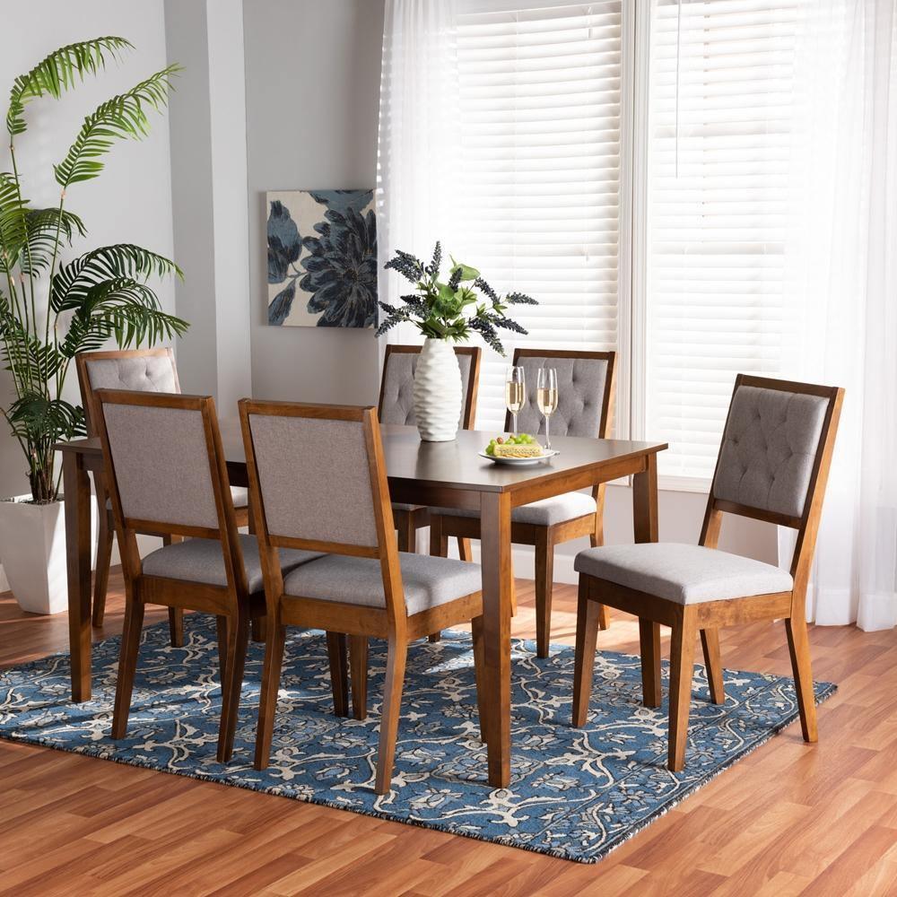 Suvi Modern and Contemporary Grey Fabric Upholstered and Walnut Brown Finished Wood 7-Piece Dining Set FredCo
