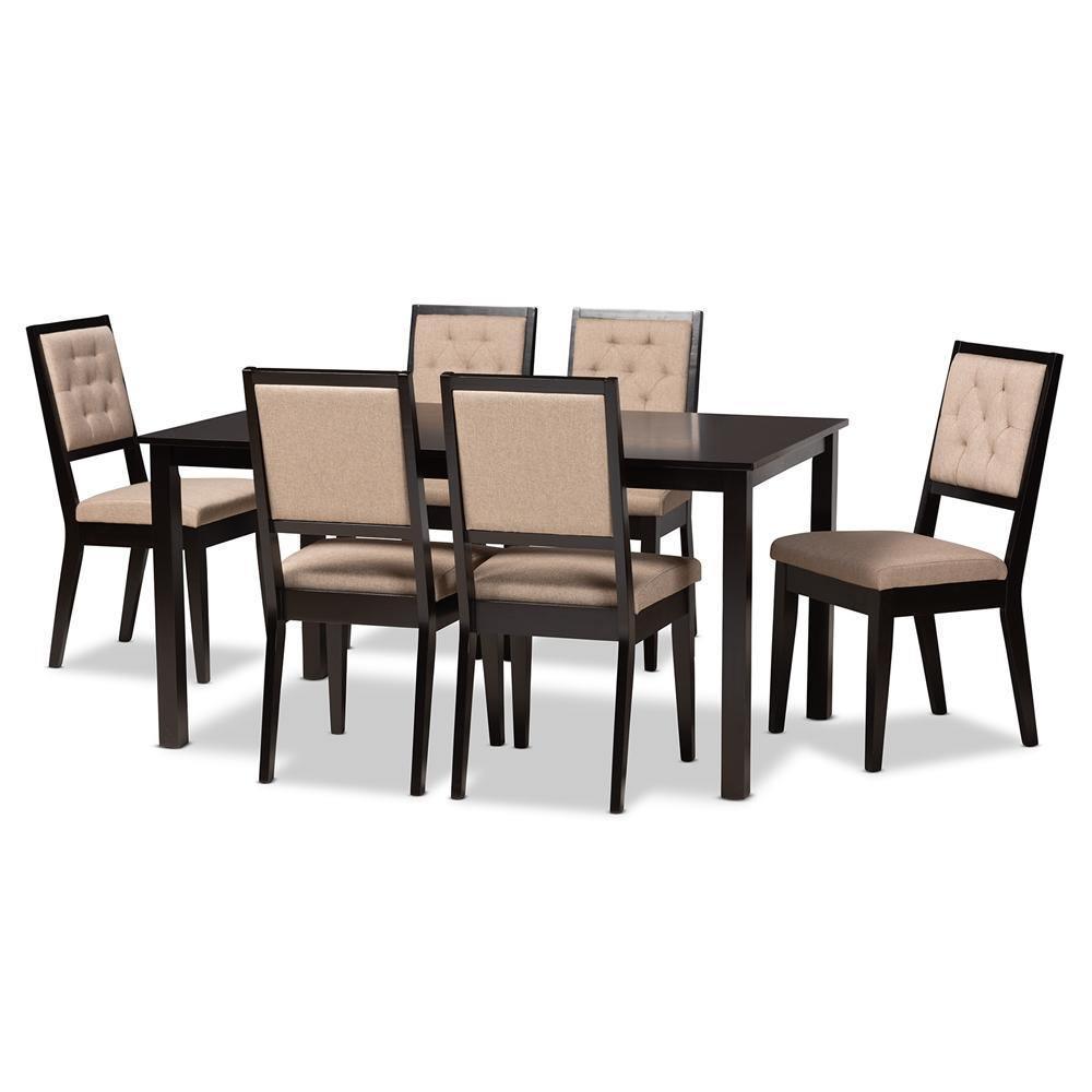 Suvi Modern and Contemporary Sand Fabric Upholstered and Dark Brown Finished Wood 7-Piece Dining Set FredCo
