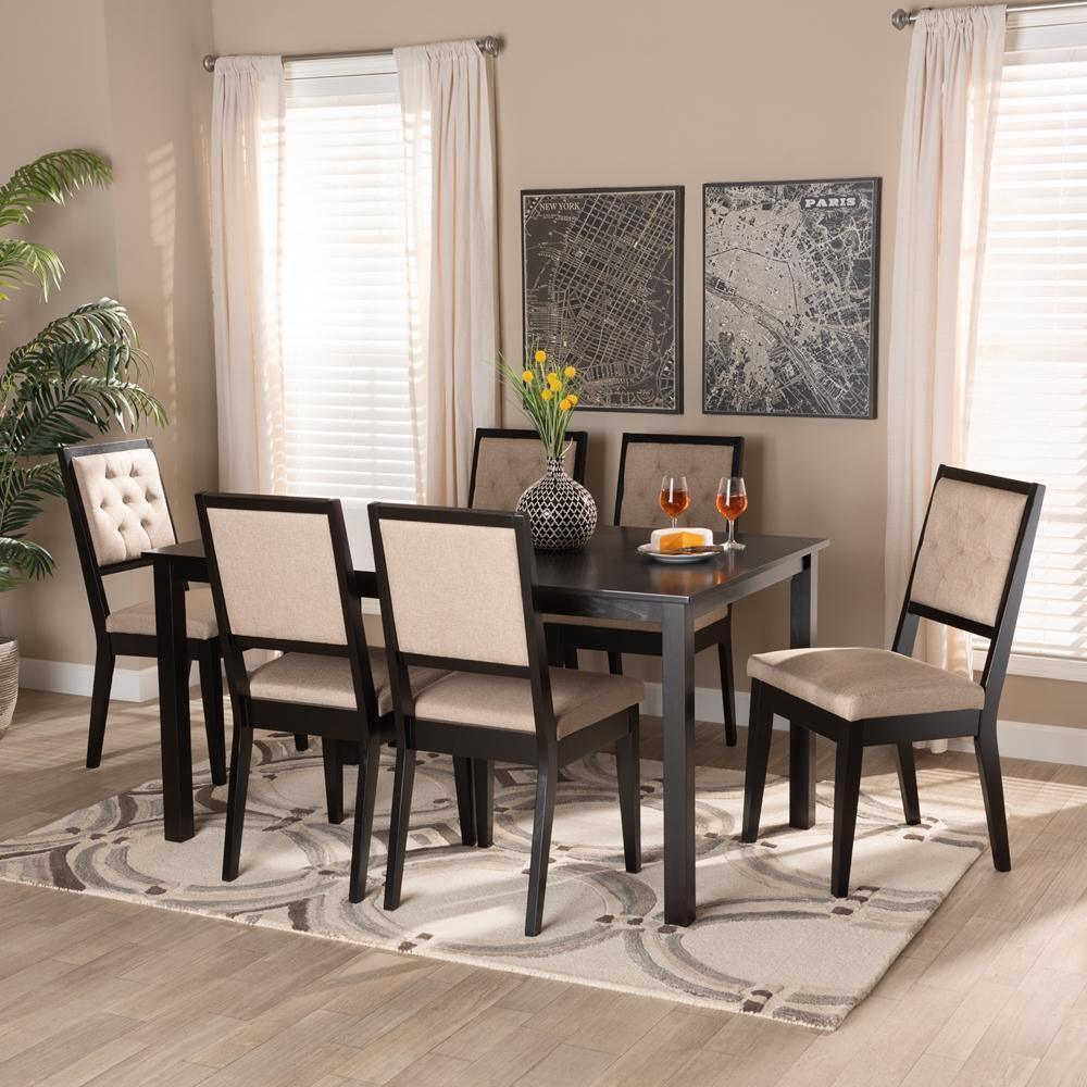Suvi Modern and Contemporary Sand Fabric Upholstered and Dark Brown Finished Wood 7-Piece Dining Set FredCo