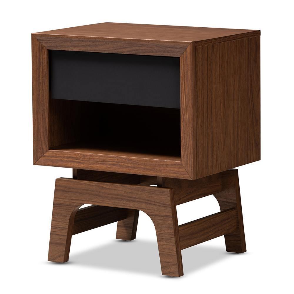 Svante Mid-Century Modern Walnut Brown and Dark Gray Finished Wood 1-Drawer Nightstand FredCo