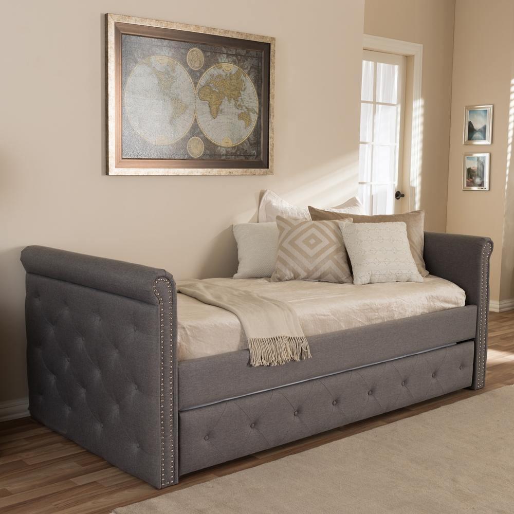 Swamson Modern and Contemporary Grey Fabric Tufted Twin Size Daybed with Roll-out Trundle Guest Bed FredCo