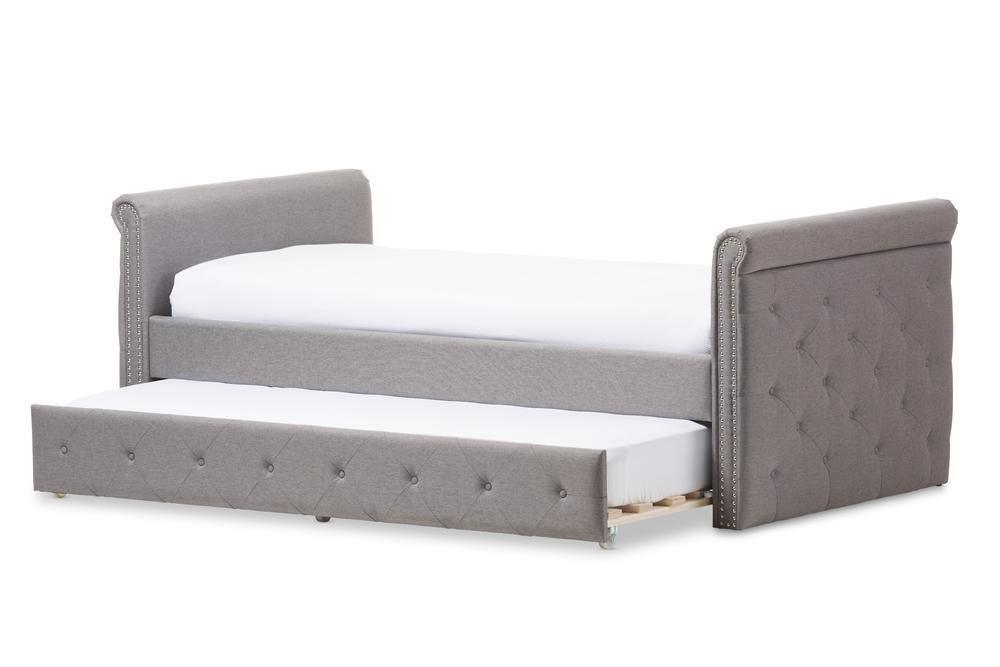 Swamson Modern and Contemporary Grey Fabric Tufted Twin Size Daybed with Roll-out Trundle Guest Bed FredCo