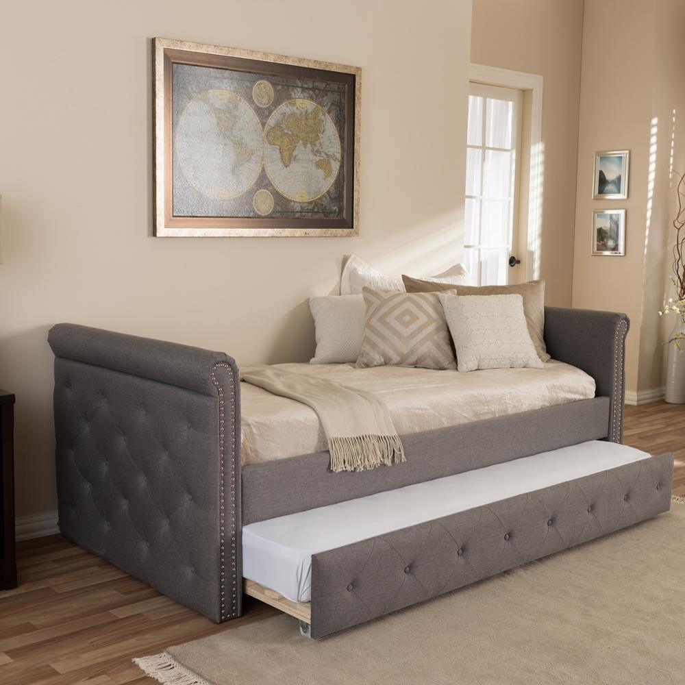 Swamson Modern and Contemporary Grey Fabric Tufted Twin Size Daybed with Roll-out Trundle Guest Bed FredCo