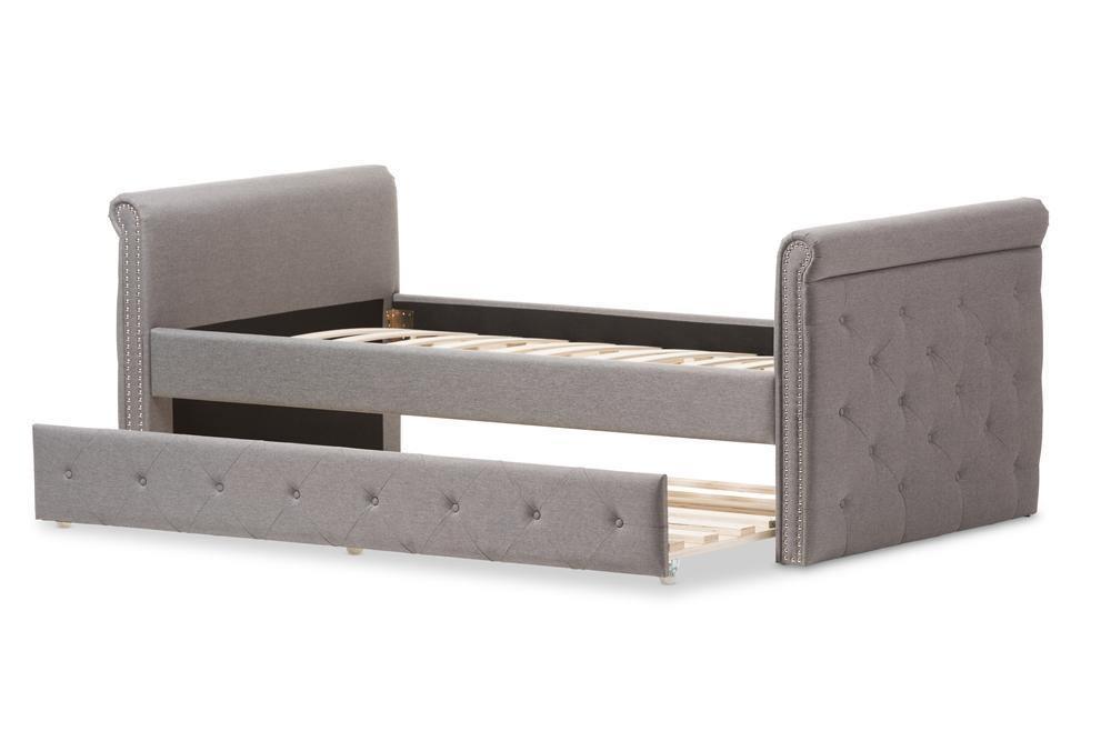 Swamson Modern and Contemporary Grey Fabric Tufted Twin Size Daybed with Roll-out Trundle Guest Bed FredCo