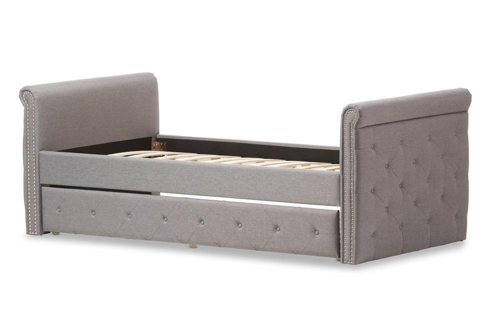 Swamson Modern and Contemporary Grey Fabric Tufted Twin Size Daybed with Roll-out Trundle Guest Bed FredCo
