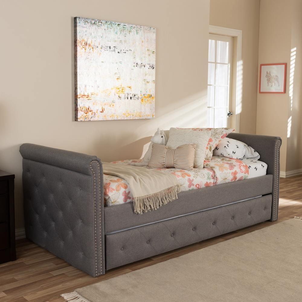 Swamson Modern and Contemporary Grey Fabric Tufted Twin Size Daybed with Roll-out Trundle Guest Bed FredCo