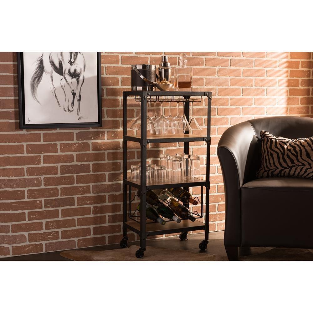 Swanson Rustic Industrial Style Antique Black Textured Finish Metal Distressed Wood Mobile Kitchen Bar Wine Storage Shelf FredCo