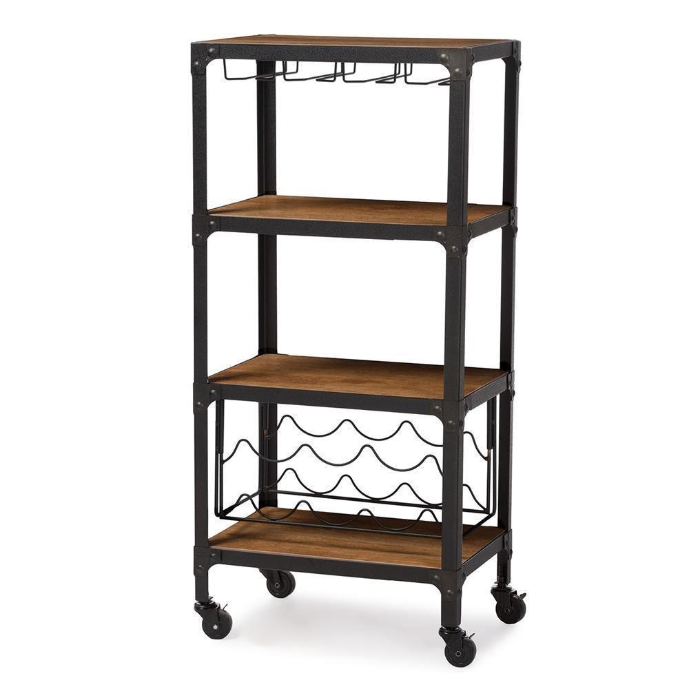 Swanson Rustic Industrial Style Antique Black Textured Finish Metal Distressed Wood Mobile Kitchen Bar Wine Storage Shelf FredCo