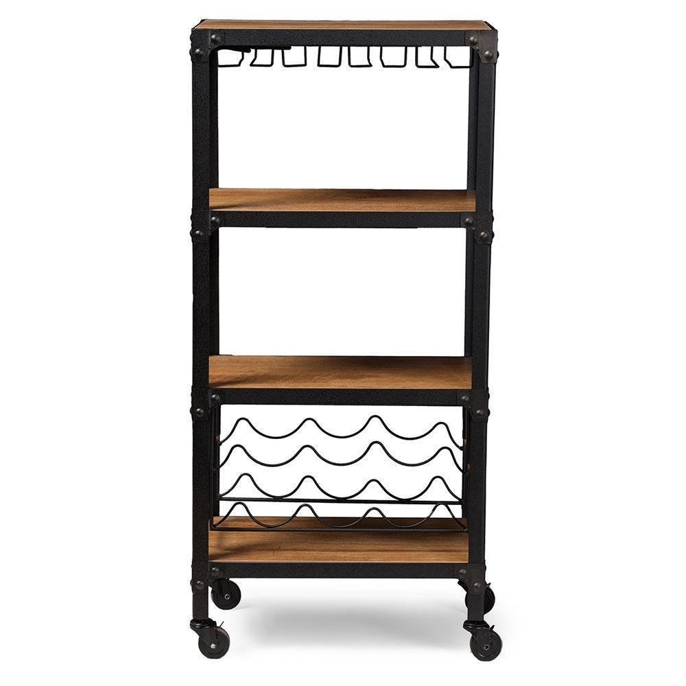 Swanson Rustic Industrial Style Antique Black Textured Finish Metal Distressed Wood Mobile Kitchen Bar Wine Storage Shelf FredCo