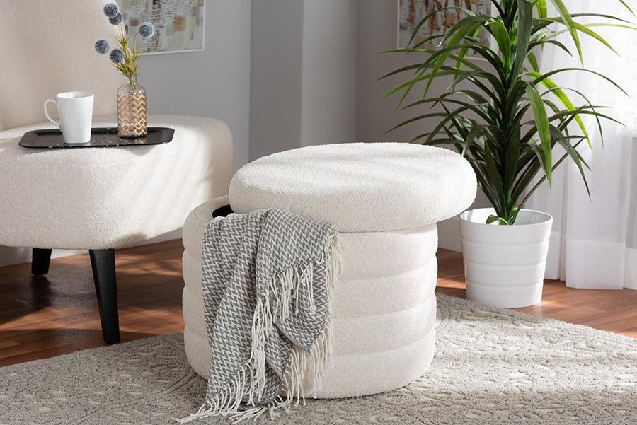 Tabitha Modern and Contemporary Ivory Boucle Upholstered Storage Ottoman FredCo