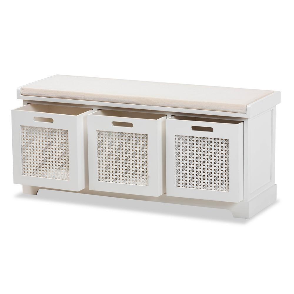 Tabor Modern and Contemporary Beige Fabric Upholstered and White Finished Wood 3-Basket Storage Bench with Rattan Accent FredCo