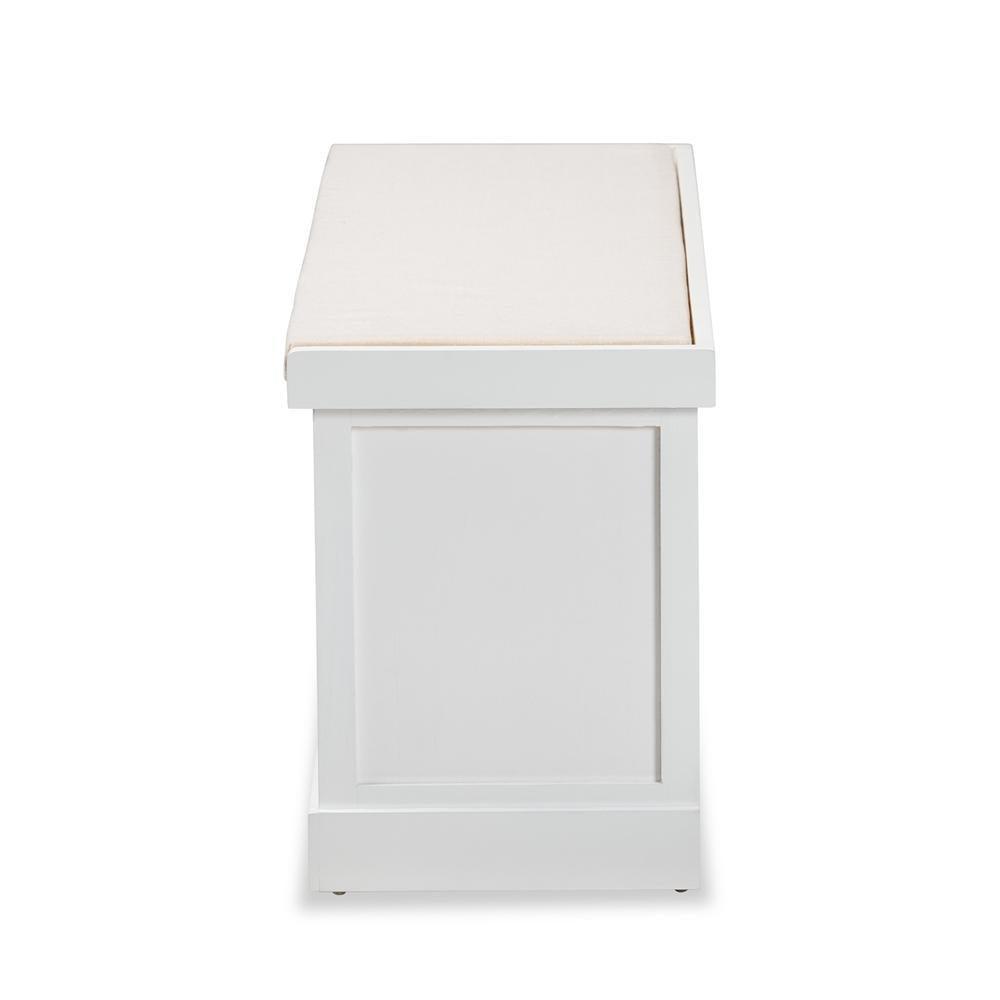 Tabor Modern and Contemporary Beige Fabric Upholstered and White Finished Wood 3-Basket Storage Bench with Rattan Accent FredCo
