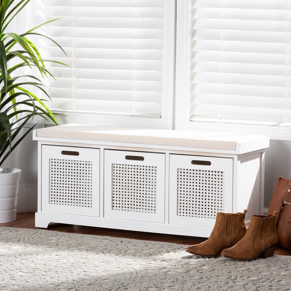 Tabor Modern and Contemporary Beige Fabric Upholstered and White Finished Wood 3-Basket Storage Bench with Rattan Accent FredCo
