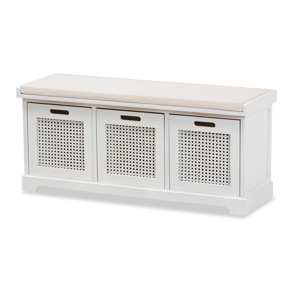 Tabor Modern and Contemporary Beige Fabric Upholstered and White Finished Wood 3-Basket Storage Bench with Rattan Accent FredCo