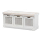 Tabor Modern and Contemporary Beige Fabric Upholstered and White Finished Wood 3-Basket Storage Bench with Rattan Accent FredCo