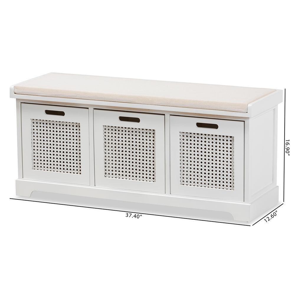 Tabor Modern and Contemporary Beige Fabric Upholstered and White Finished Wood 3-Basket Storage Bench with Rattan Accent FredCo