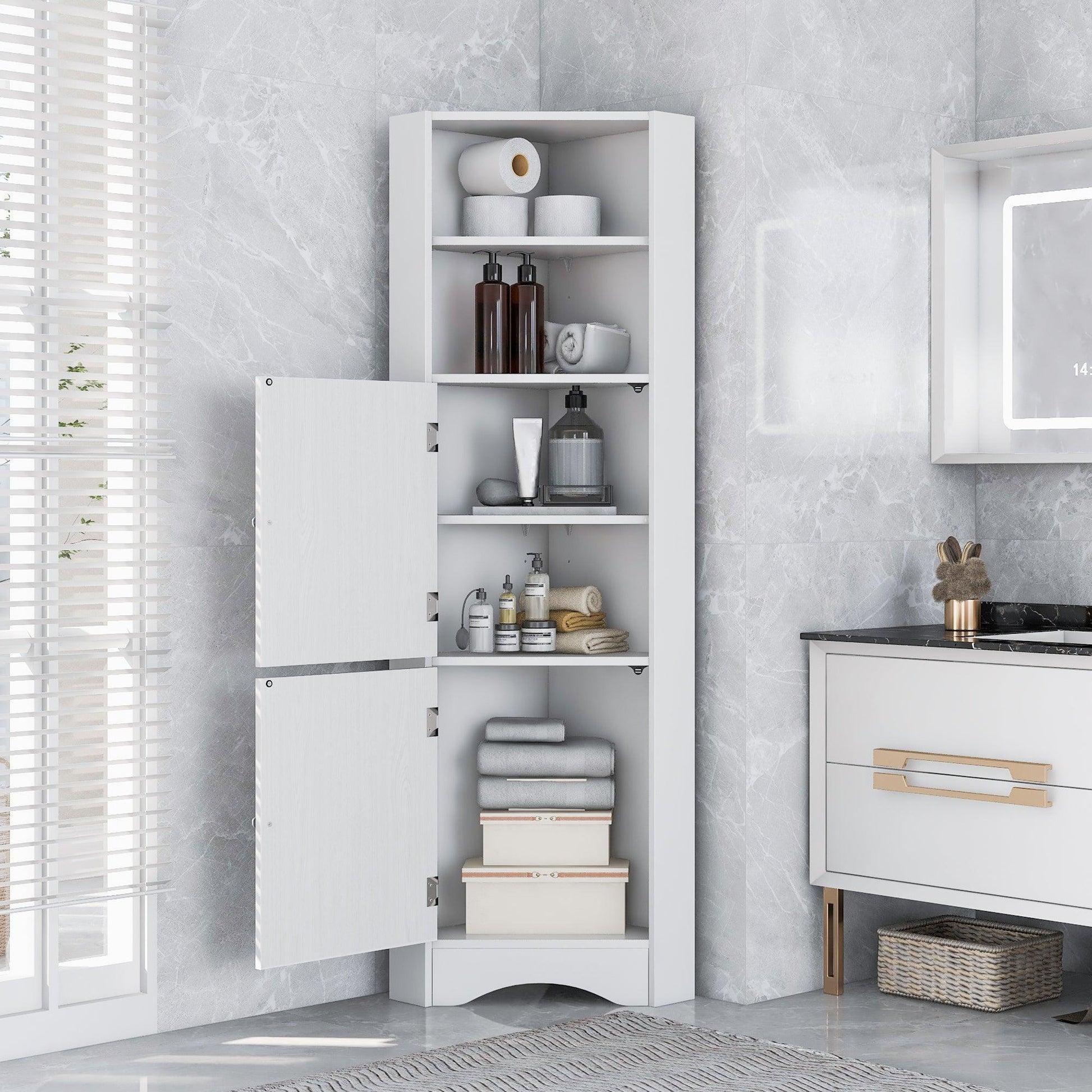 Olivo Tall Bathroom Corner Cabinet, Freestanding, White