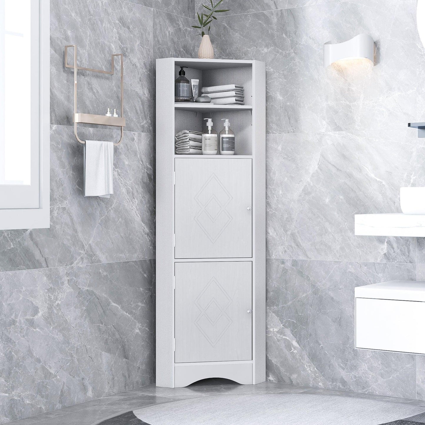 Tall Bathroom Corner Cabinet, 5 Shelves White FredCo