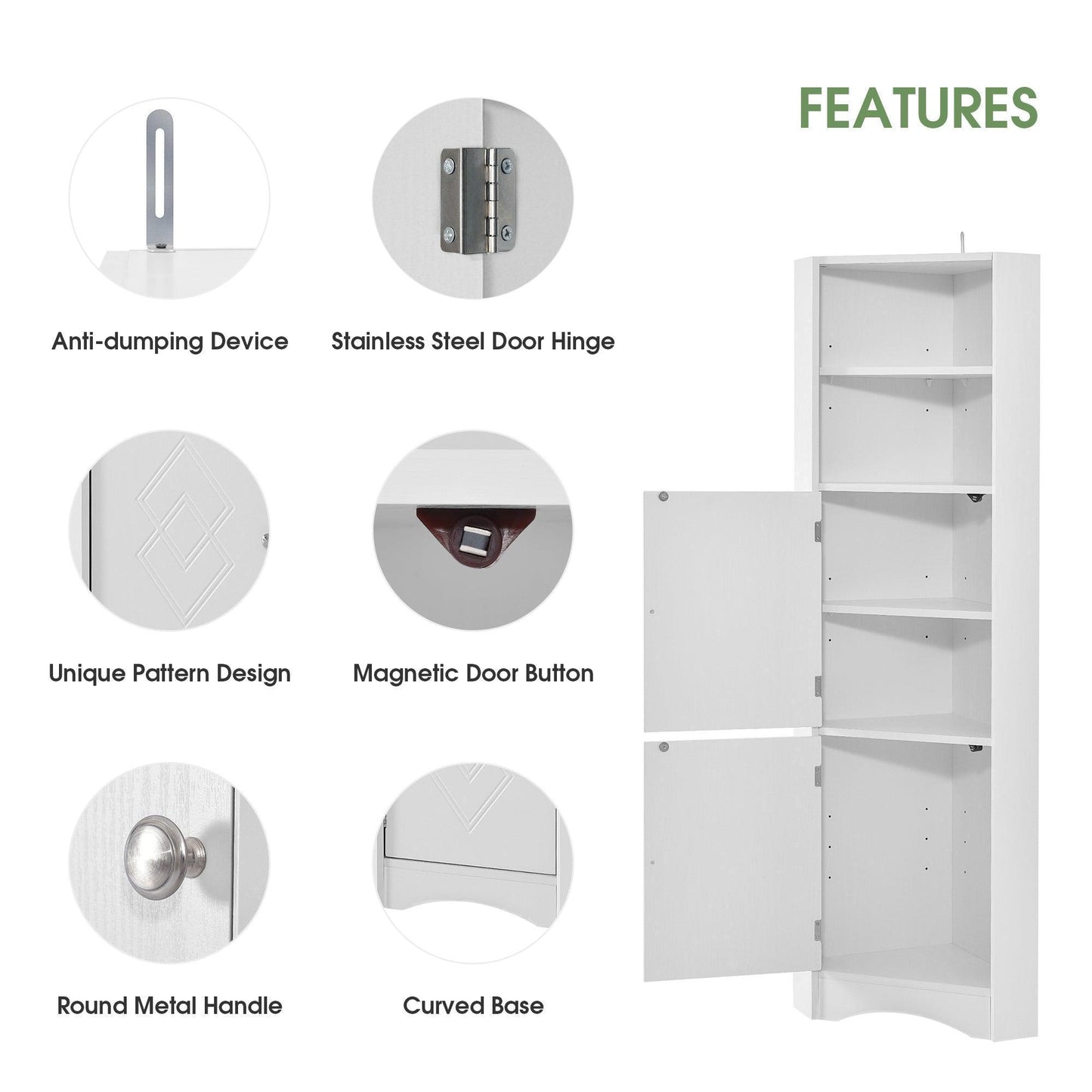 Tall Bathroom Corner Cabinet, 5 Shelves White FredCo