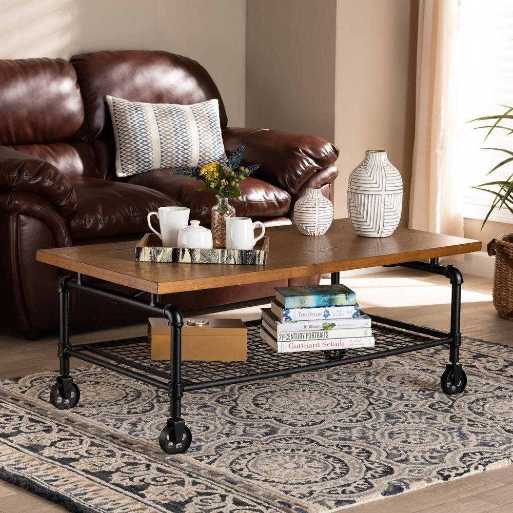 Tamara Vintage Rustic Industrial Walnut Brown Finished Wood and Black Finished Metal Wheeled Coffee Table FredCo