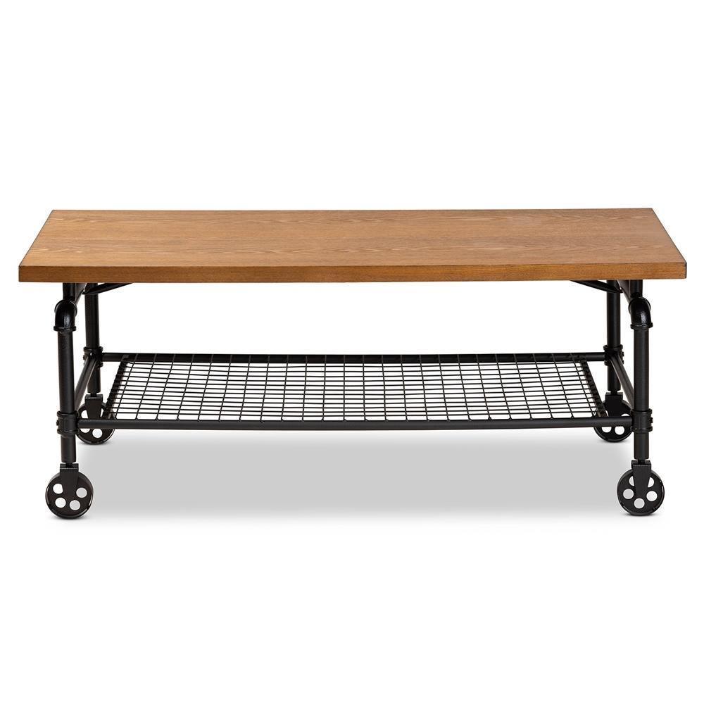 Tamara Vintage Rustic Industrial Walnut Brown Finished Wood and Black Finished Metal Wheeled Coffee Table FredCo