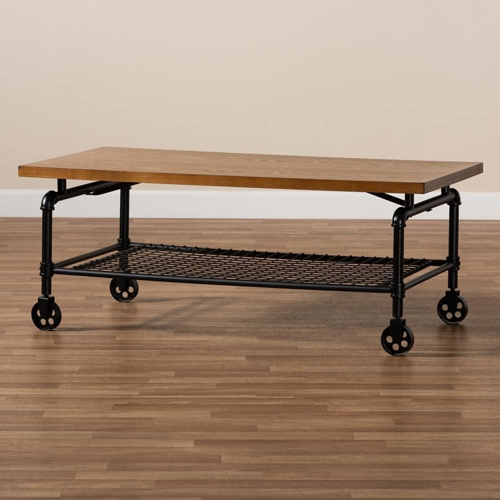 Tamara Vintage Rustic Industrial Walnut Brown Finished Wood and Black Finished Metal Wheeled Coffee Table FredCo