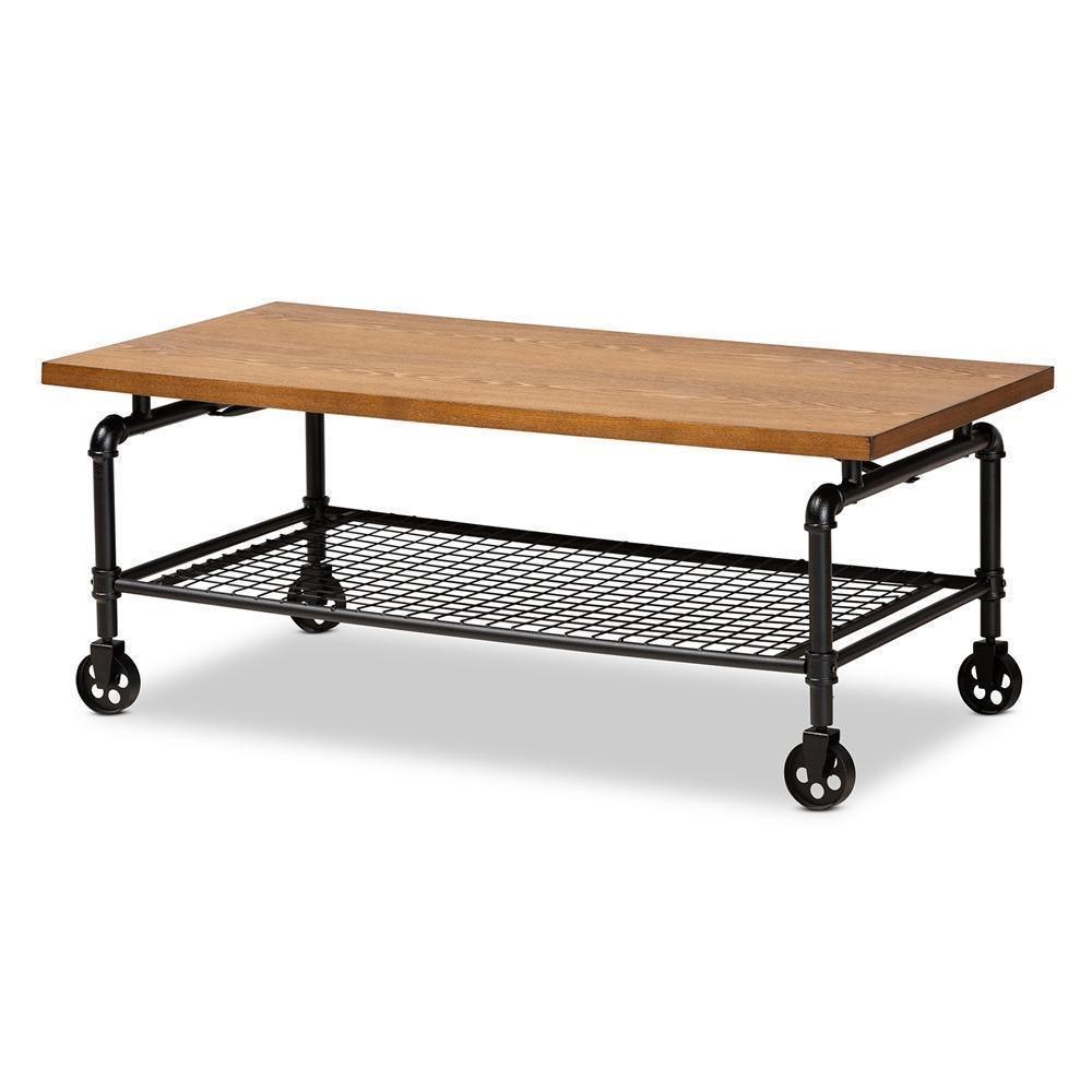 Tamara Vintage Rustic Industrial Walnut Brown Finished Wood and Black Finished Metal Wheeled Coffee Table FredCo