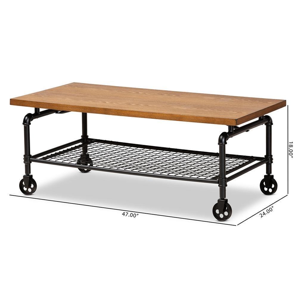 Tamara Vintage Rustic Industrial Walnut Brown Finished Wood and Black Finished Metal Wheeled Coffee Table FredCo