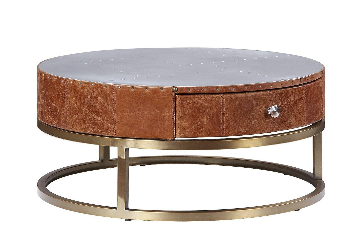 Tamas Coffee Table w/Drawer Aluminum & Cocoa Top Grain Leather FredCo