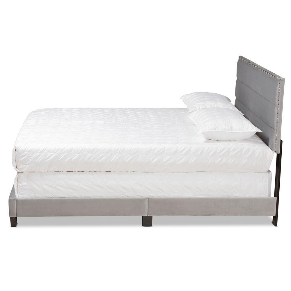 Tamira Modern and Contemporary Glam Grey Velvet Fabric Upholstered Queen Size Panel Bed FredCo