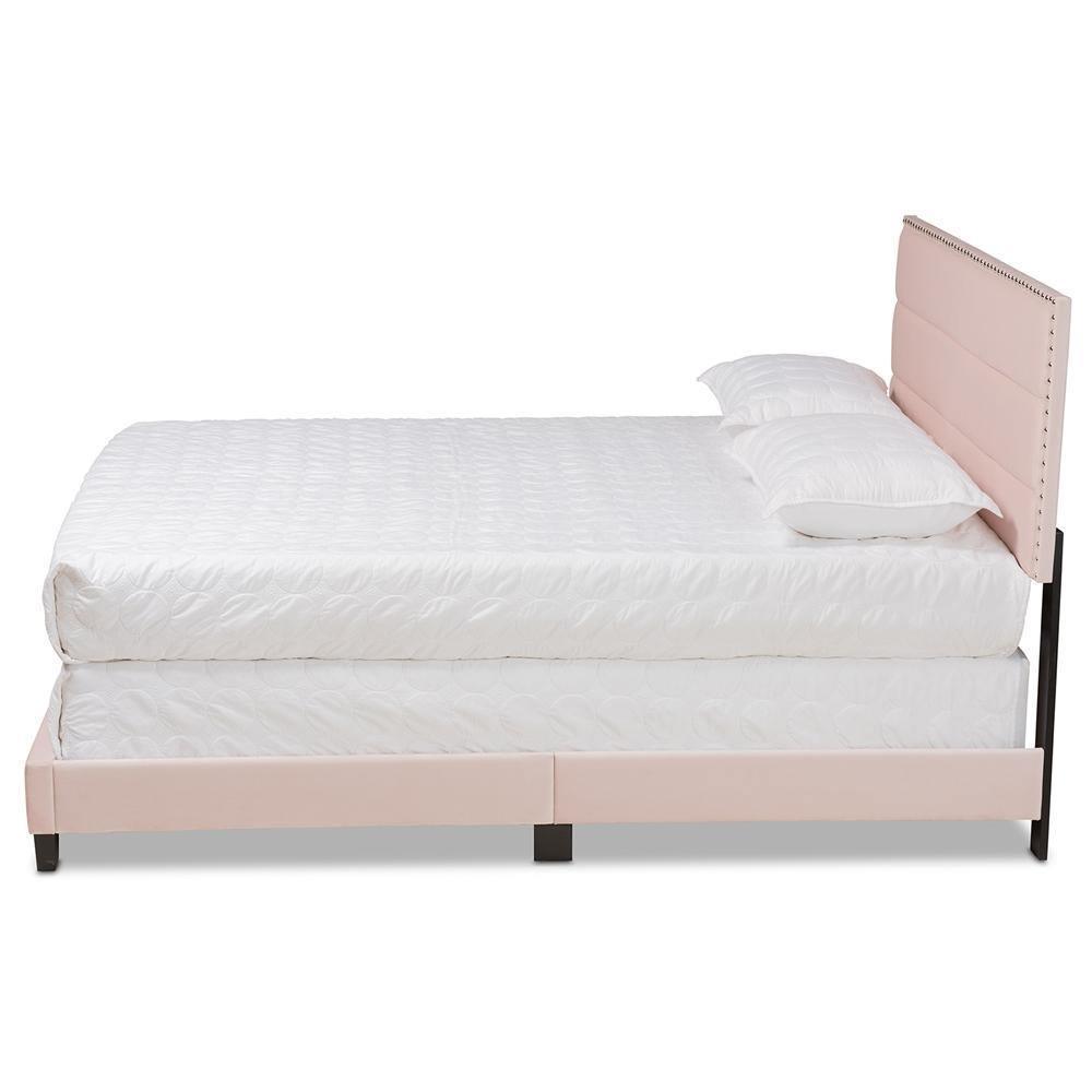 Tamira Modern and Contemporary Glam Light Pink Velvet Fabric Upholstered Queen Size Panel Bed FredCo