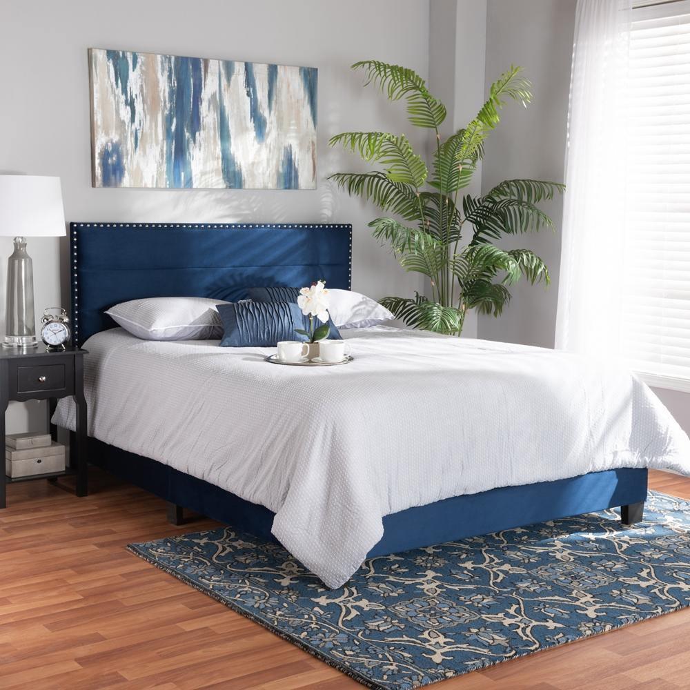 Tamira Modern and Contemporary Glam Navy Blue Velvet Fabric Upholstered Full Size Panel Bed FredCo