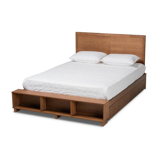 Tamsin Modern Transitional Ash Walnut Brown Finished Wood Full Size 4-Drawer Platform Storage Bed with Built-In Shelves FredCo