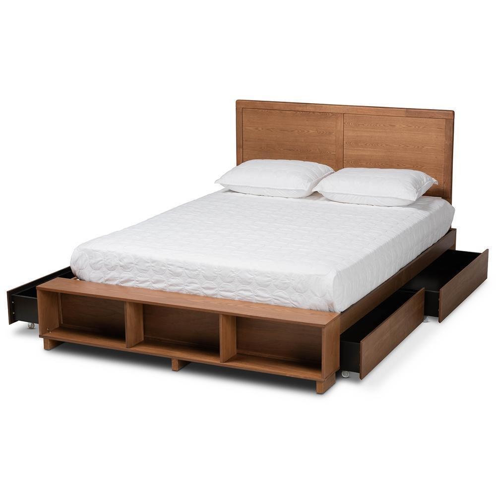 Tamsin Modern Transitional Ash Walnut Brown Finished Wood Full Size 4-Drawer Platform Storage Bed with Built-In Shelves FredCo