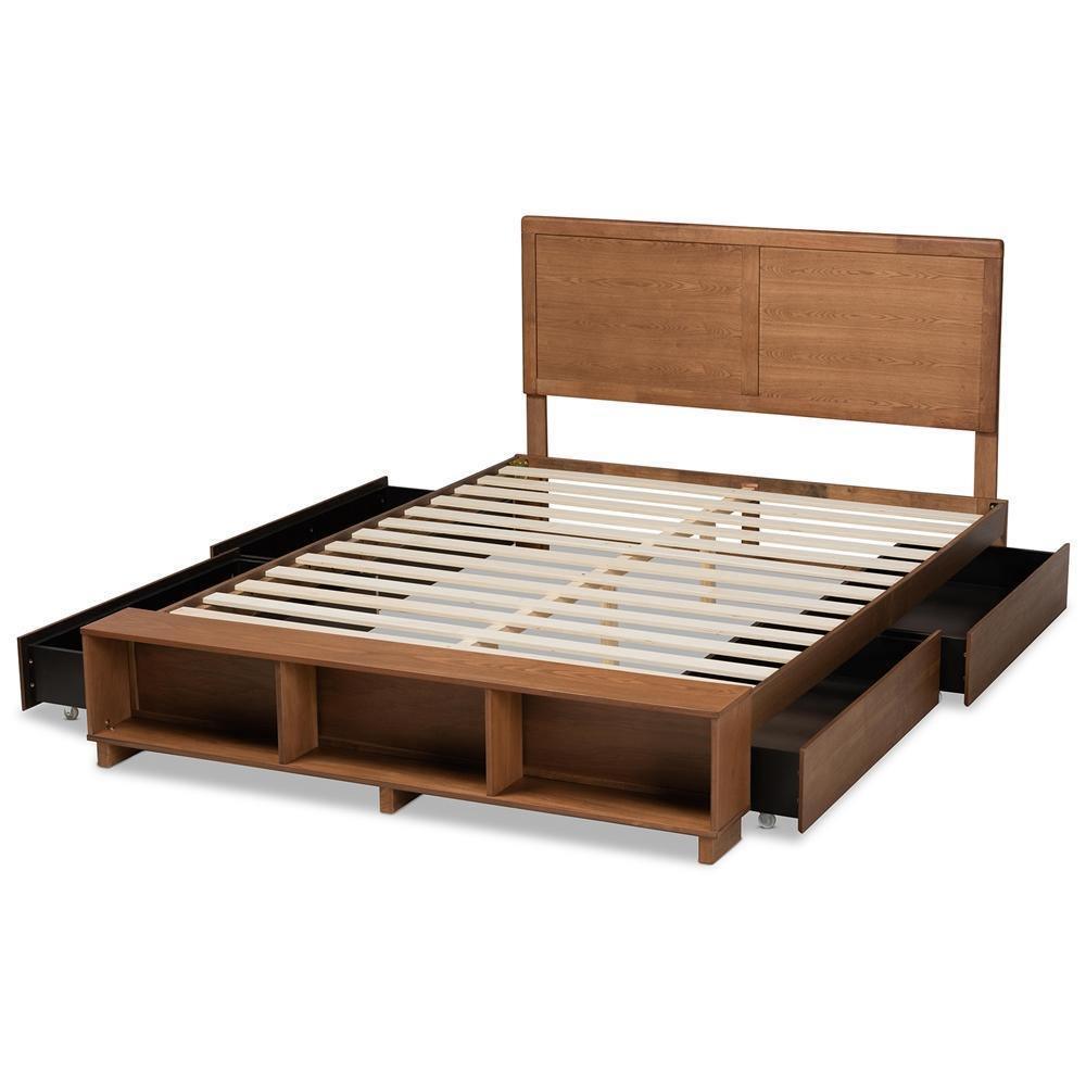 Tamsin Modern Transitional Ash Walnut Brown Finished Wood Full Size 4-Drawer Platform Storage Bed with Built-In Shelves FredCo