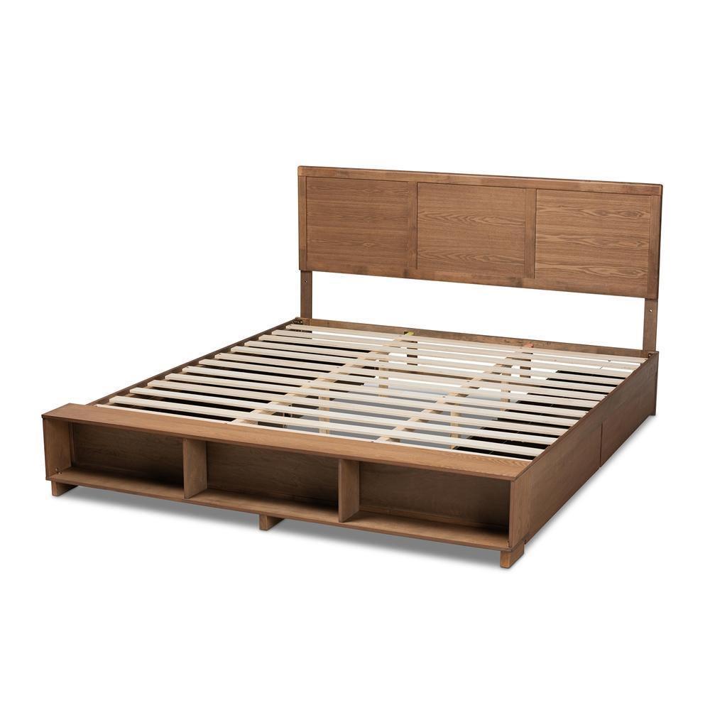 Tamsin Modern Transitional Ash Walnut Brown Finished Wood King Size 4-Drawer Platform Storage Bed with Built-In Shelves FredCo
