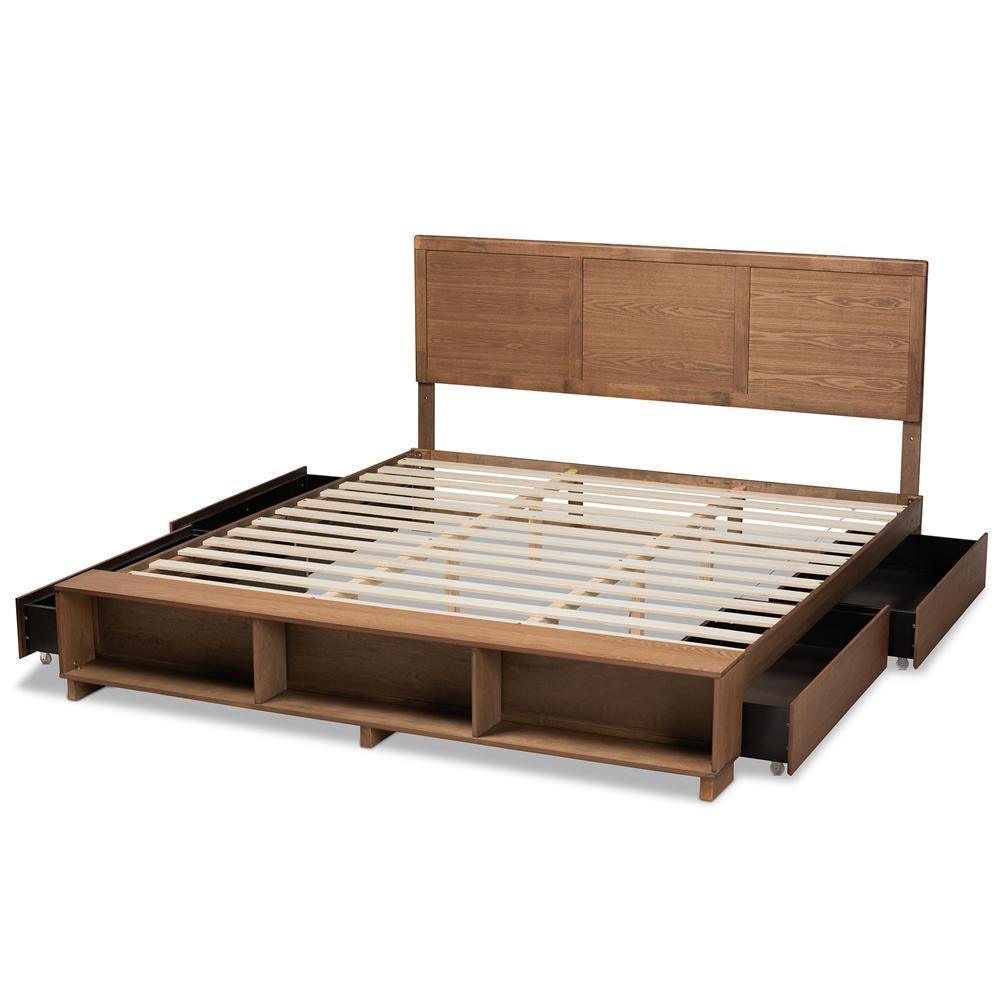 Tamsin Modern Transitional Ash Walnut Brown Finished Wood King Size 4-Drawer Platform Storage Bed with Built-In Shelves FredCo